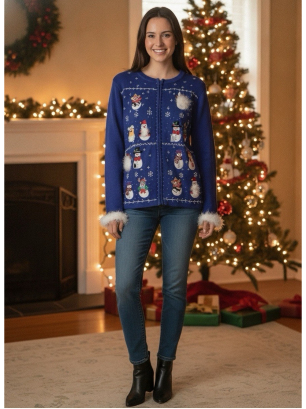 Vintage B.P. Design Embroidered Whimsical Snowman Holiday Zip-Up Cardigan Large